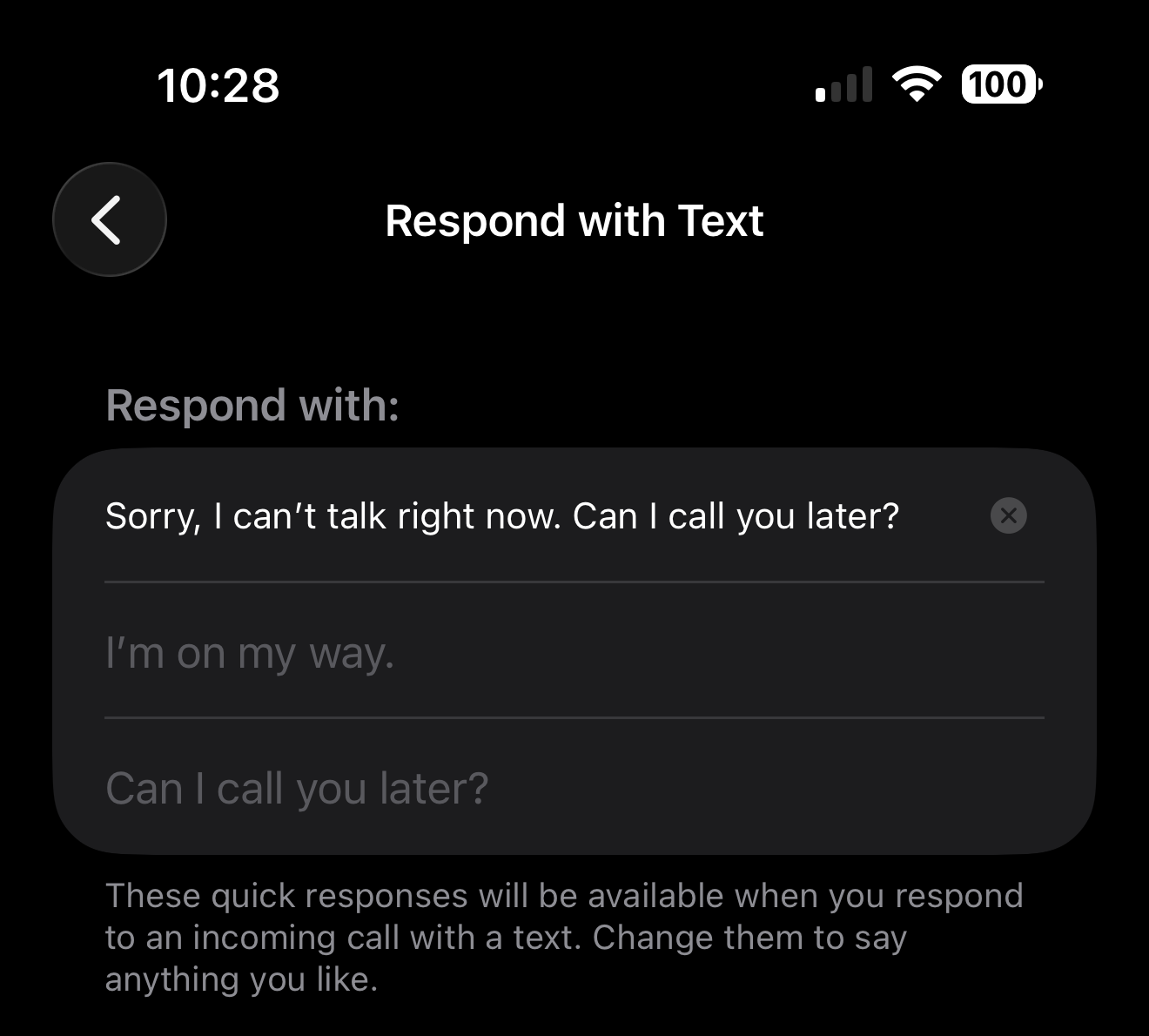 iPhone Respond with Text screen showing the three saved replies