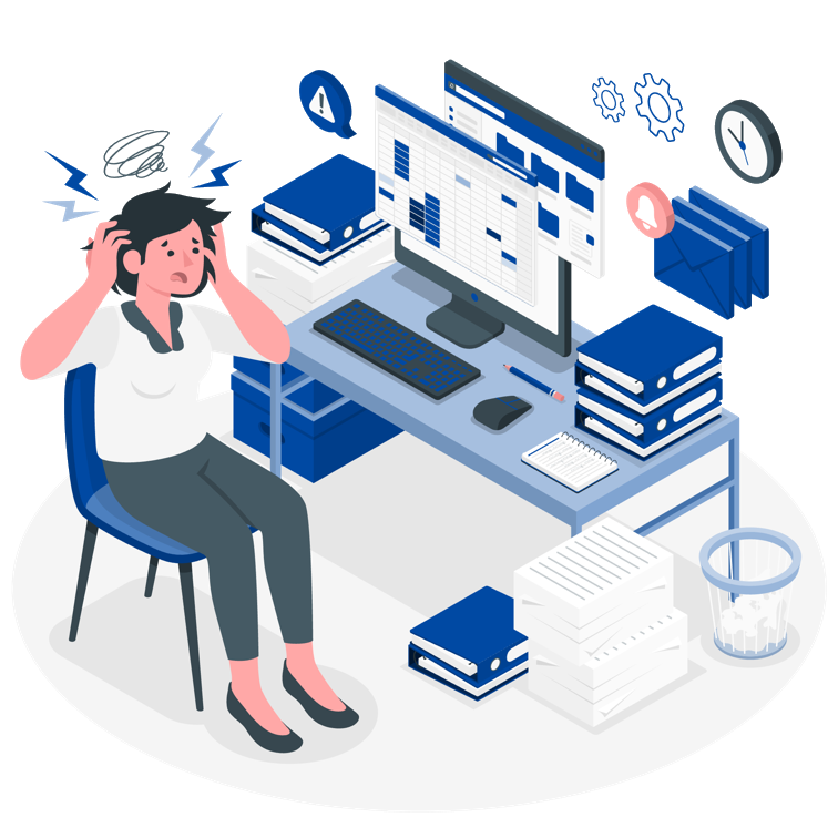 woman seated at a desk, looking very stressed