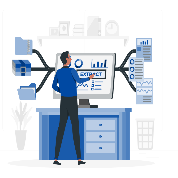 Man staring at screens and files showing lots of data, but nothing connecting it