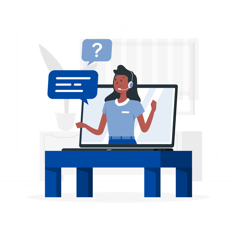 A woman wearing a headset with a microphone is popping out of a laptop