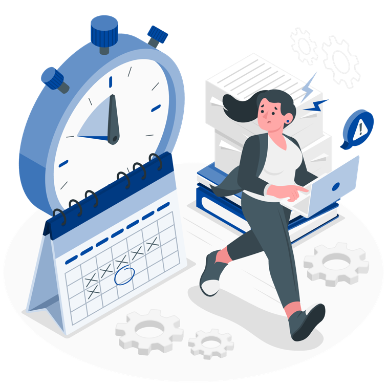 Woman holding a laptop, running frantically while looking back at the deadlines she's fighting