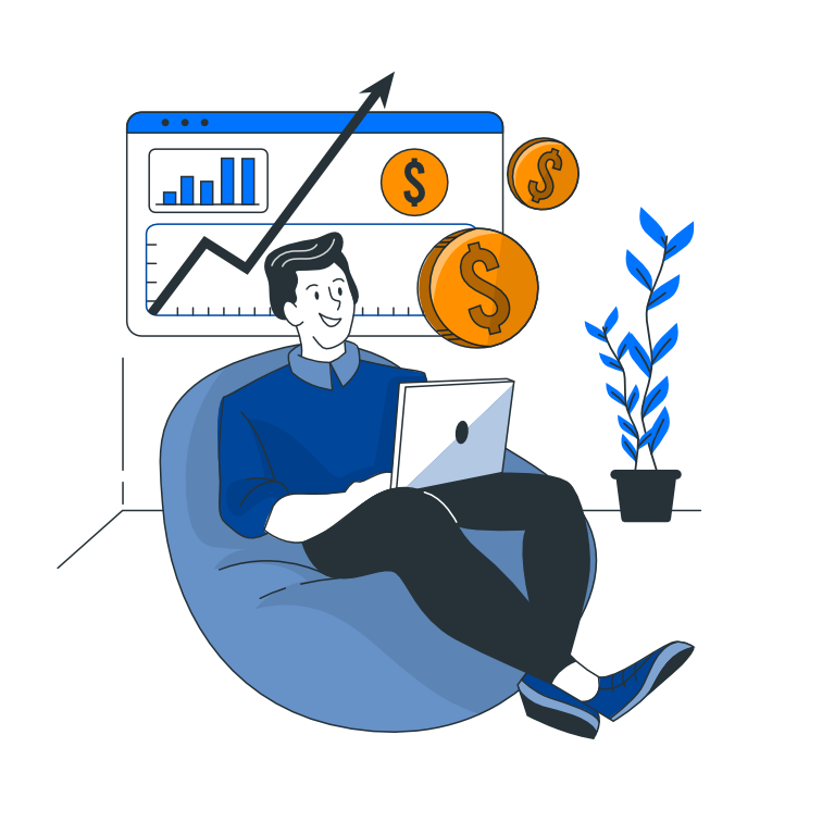 Man happily sitting at a laptop, with a dashboard showing his business is growing