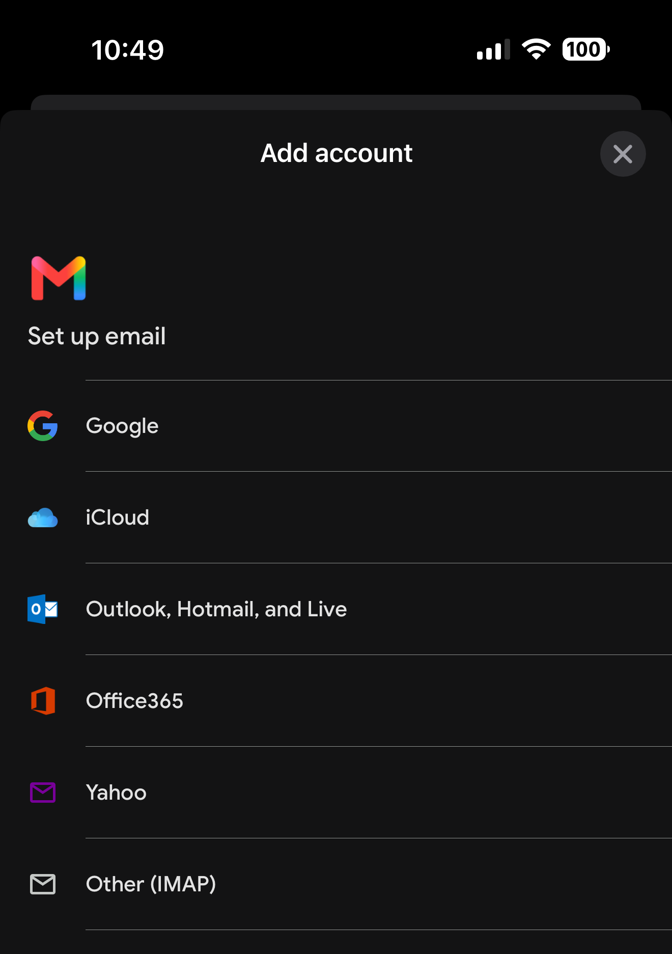 Gmail app Add account screen listing Google, iCloud, Outlook and other providers