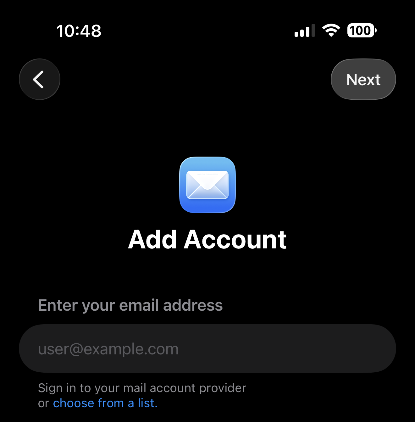 Apple Mail Add Account screen asking for an email address