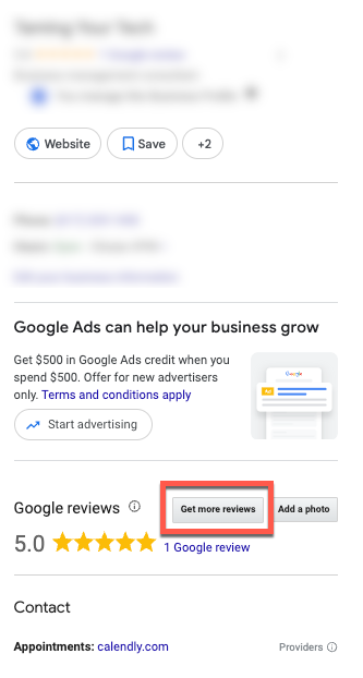 Google Business Profile with the Get more reviews button highlighted beside Add a photo