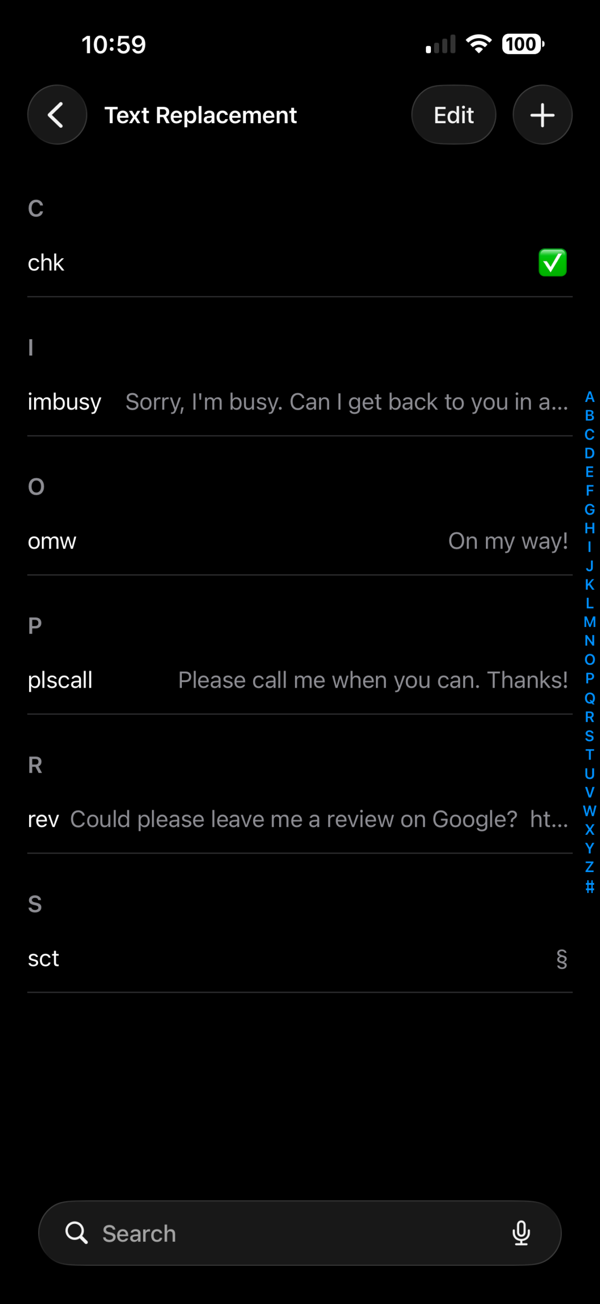 iPhone Text Replacement list showing a rev shortcut holding a review request and link