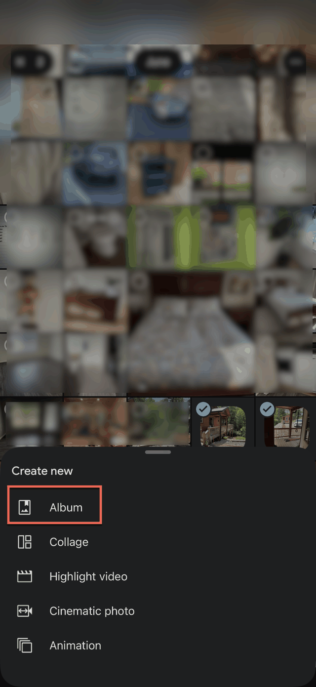 The Create new menu open with Album highlighted above Collage and Highlight video