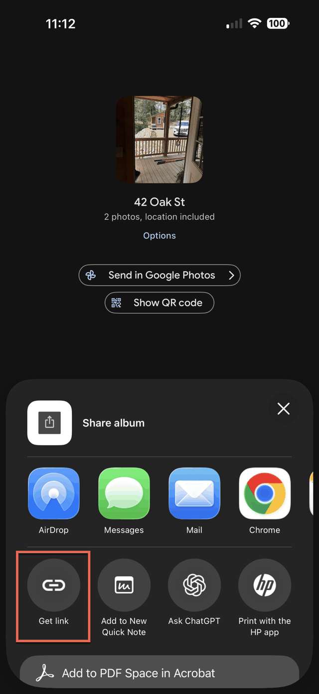 The album share sheet with Get link highlighted below the AirDrop and Messages row
