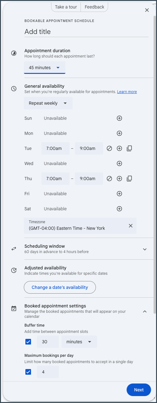 Google Calendar bookable appointment schedule setup on a computer, with 45-minute duration, Tuesday and Thursday 7 to 9am availability, and buffer time and maximum bookings per day set