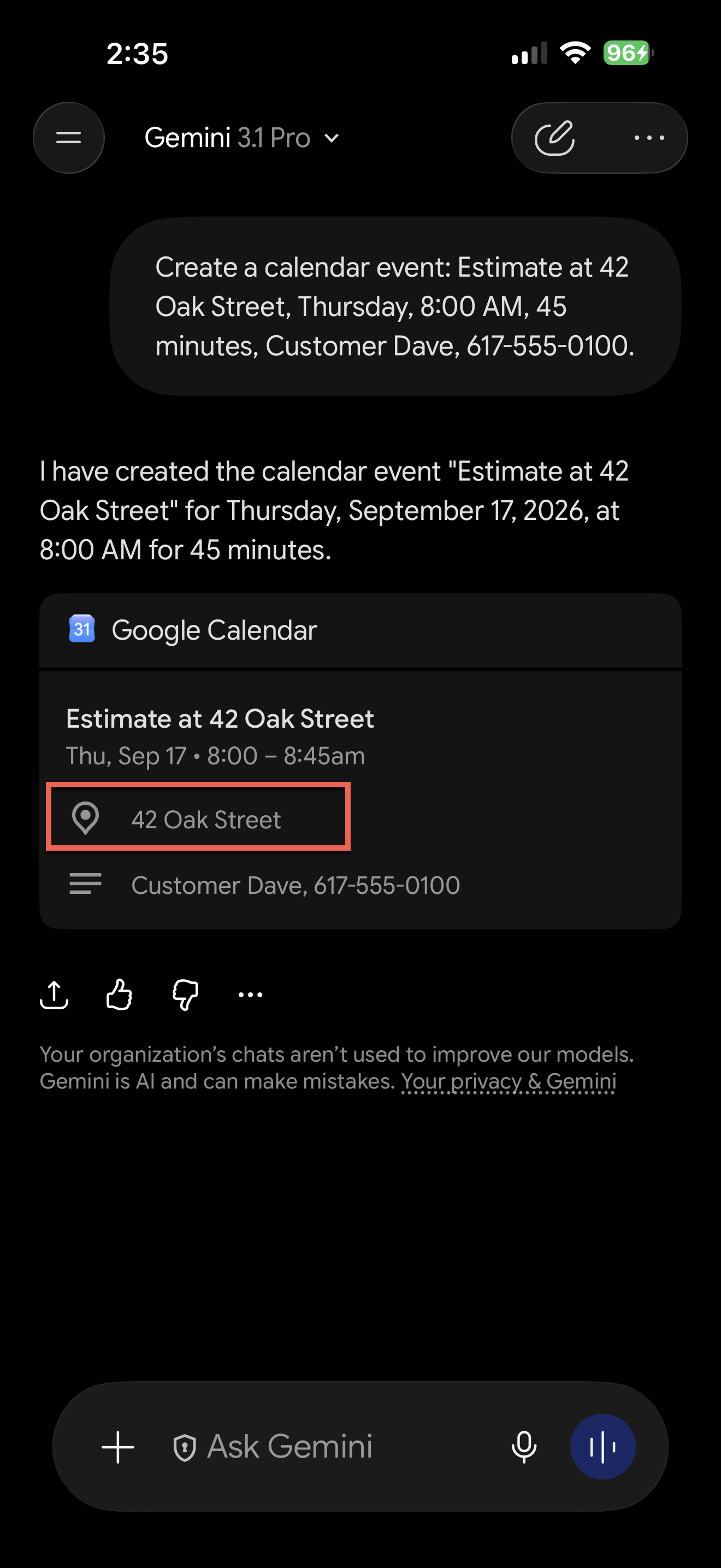 Gemini showing the calendar event it created, with 42 Oak Street in the location field below the date and time