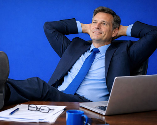 Professional service person leaning back on his chair at his desk
